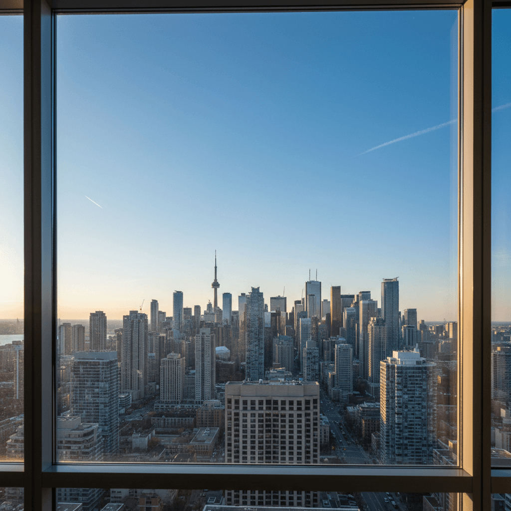Clean streak-free condo windows reflecting blue sky with city view