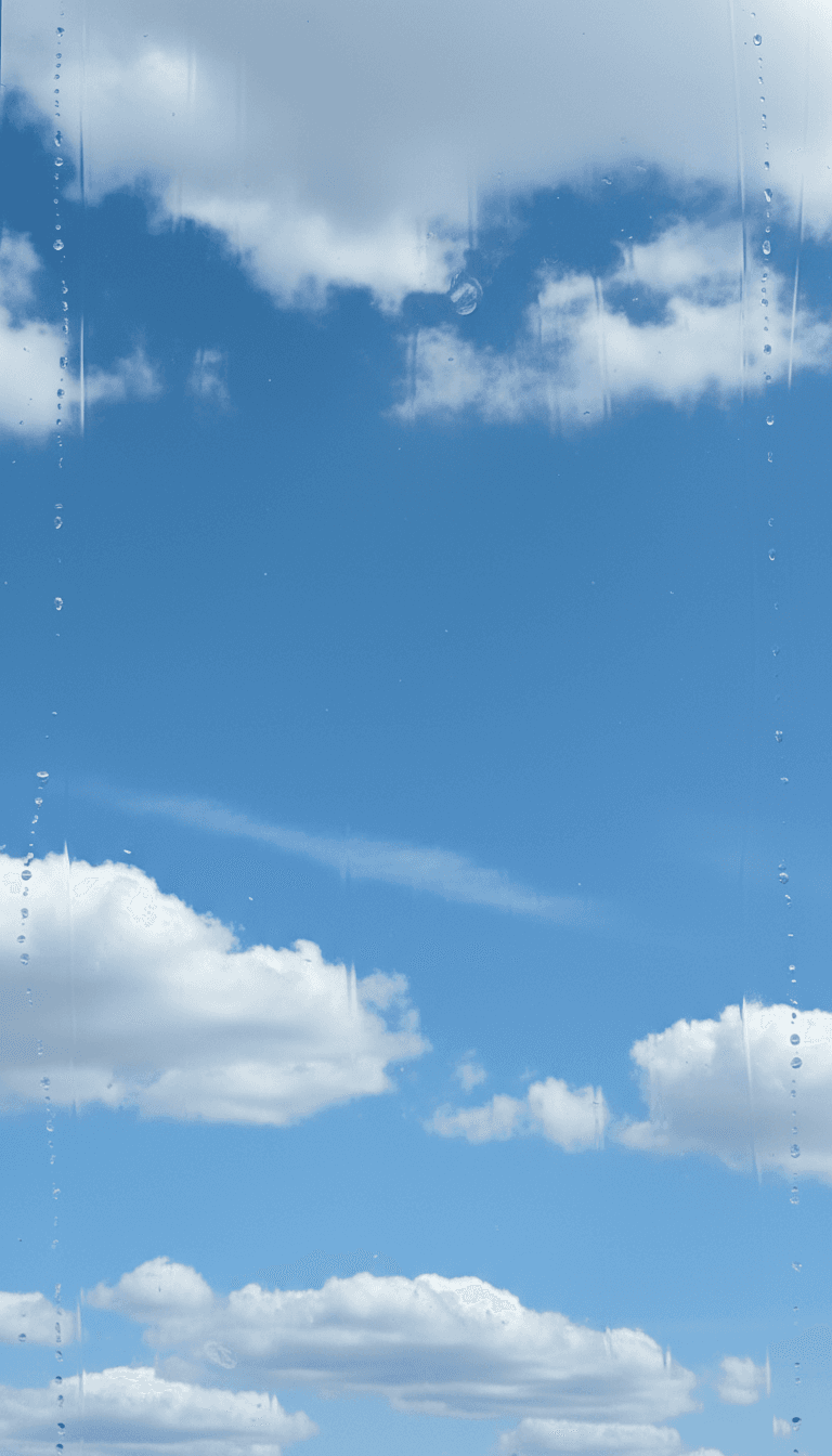 close up of spotless glass reflecting clear blue sky and clouds