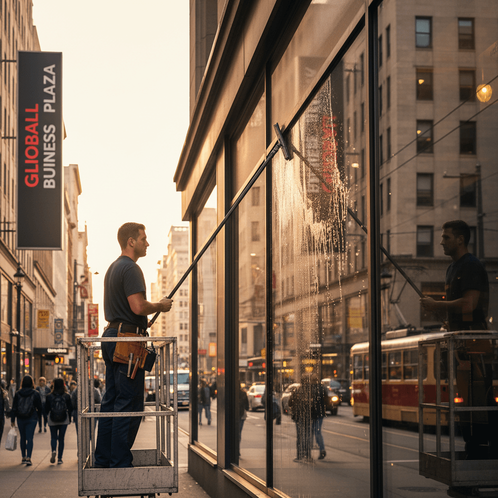 Professional window cleaner using a squeegee on a large storefront window